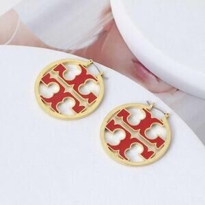 NWOT Tory Burch Gold, Double T Red Enamel Hoop Earrings
